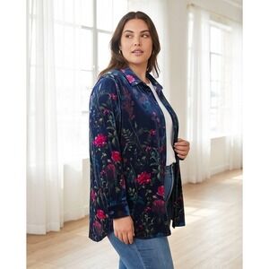 Belle by Kim Gravel XL Velour Shacket Navy Blue Floral Botanical Button Up NWOT